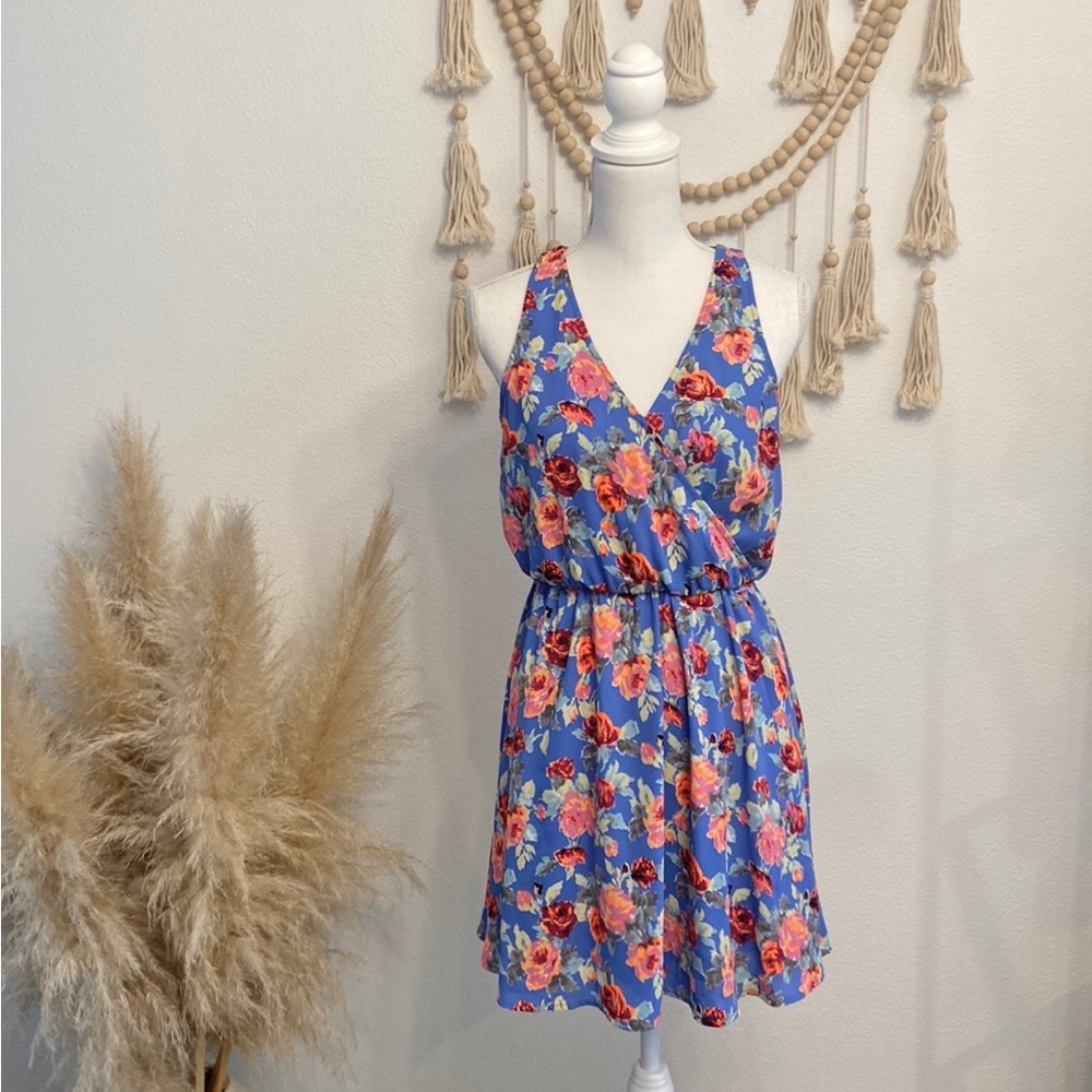 Lush floral mini dress blue pink Easter spring faux crossover size medium